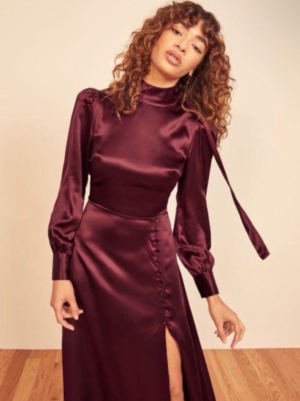 Reformation Maple Dress Satin High-Neck Plum Long Sleeve Dress